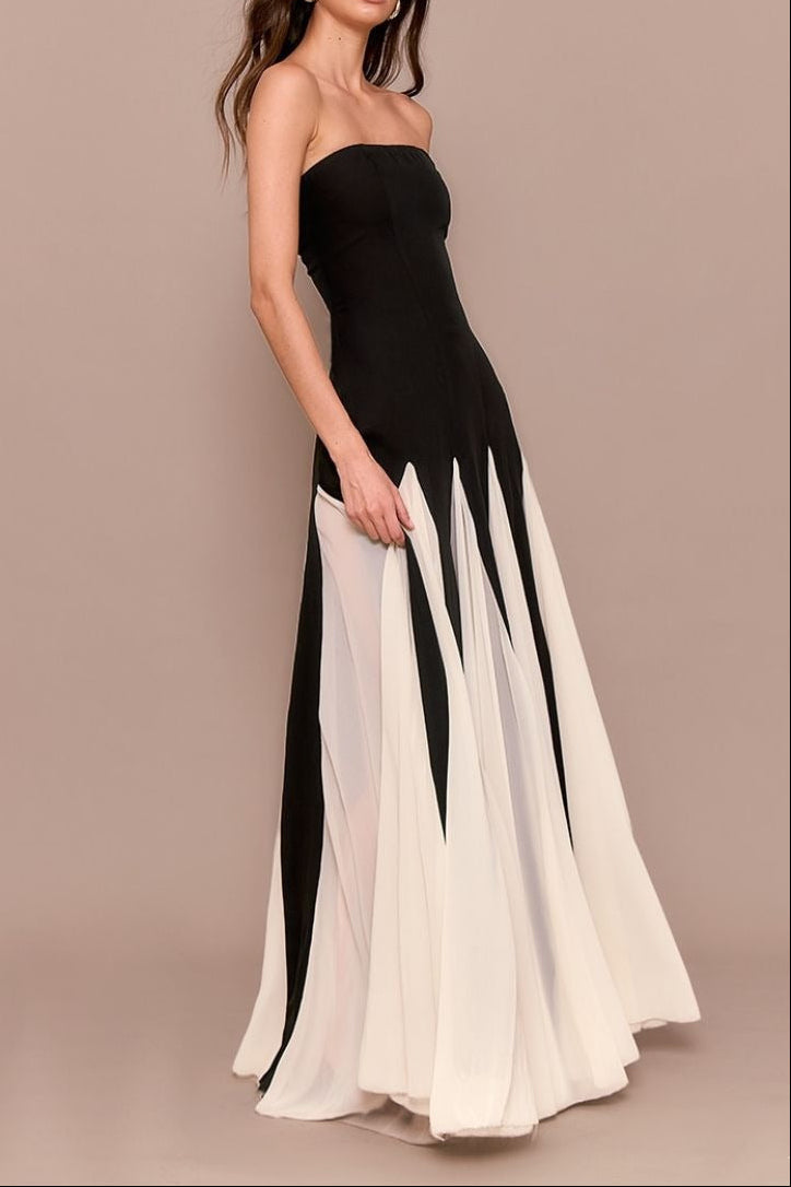 Black Bandeau Contrast Chiffon Pleated Maxi Dress