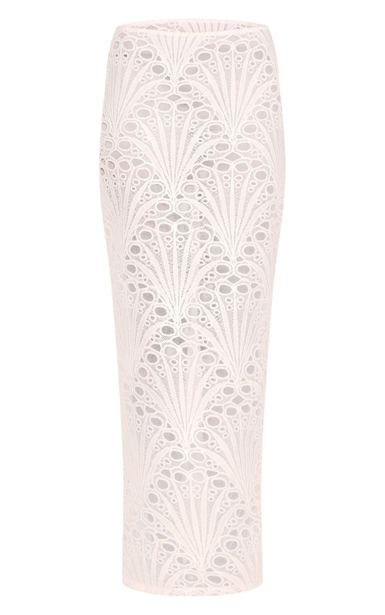 White Textured Floral Lace Maxi Skirt