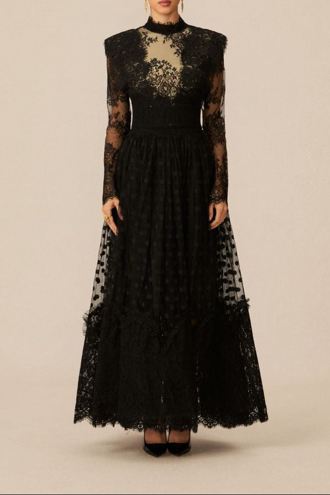 Elegant Enchantment Black Polka Dot Lace Maxi Dress