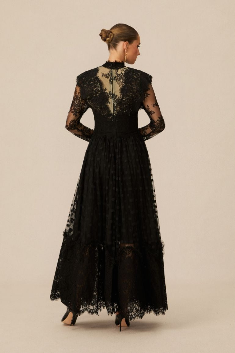 Elegant Enchantment Black Polka Dot Lace Maxi Dress