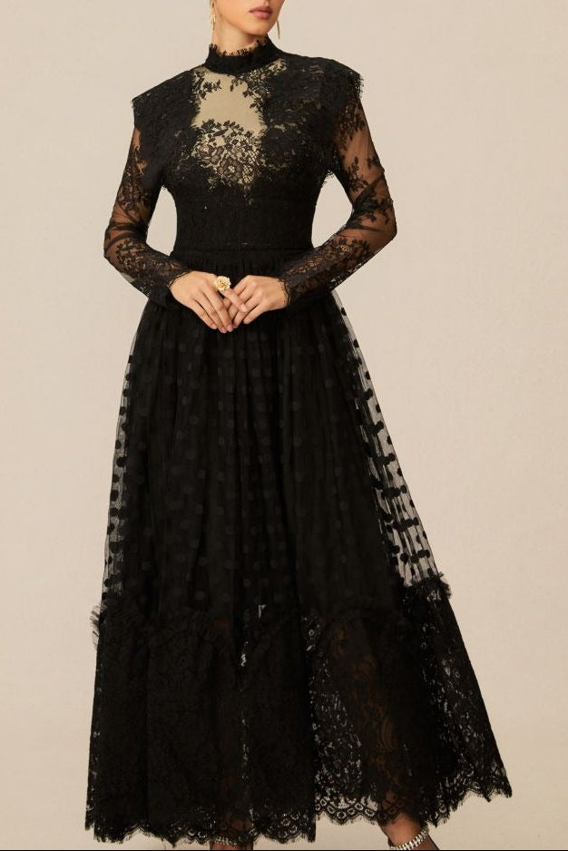 Elegant Enchantment Black Polka Dot Lace Maxi Dress