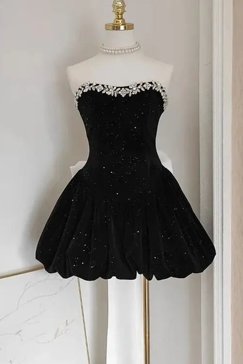 Zaahir Rhinestone Bow Sequin Strapless Mini Dress