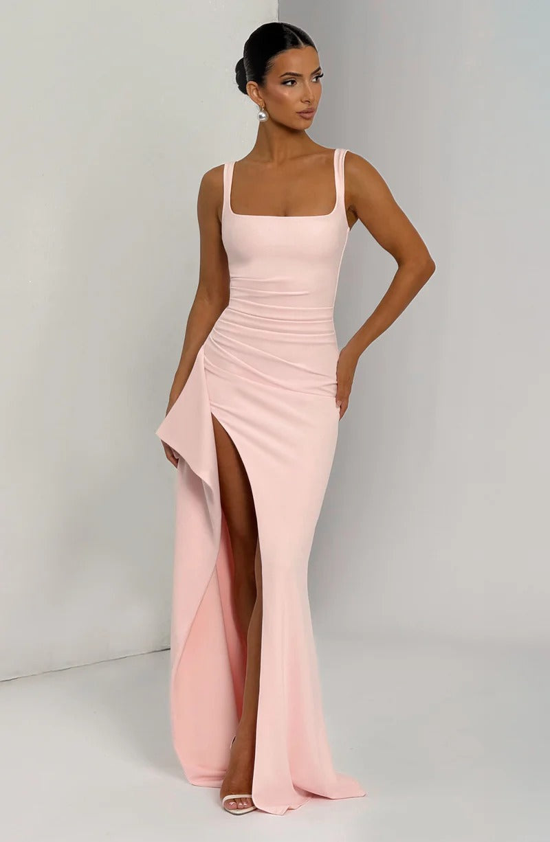 pleated high slit Stretch crepe maxi dress in pink