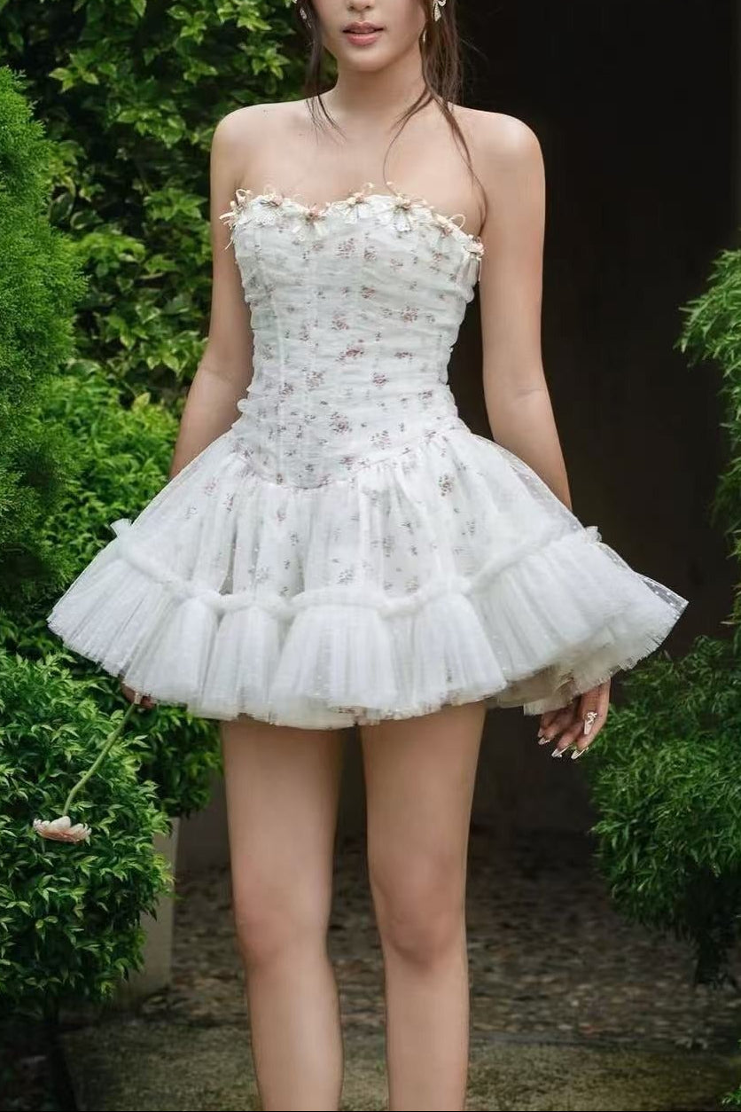 irene floral print strapless tulle mini dress in white