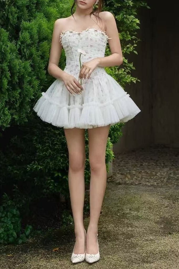 irene floral print strapless tulle mini dress in white