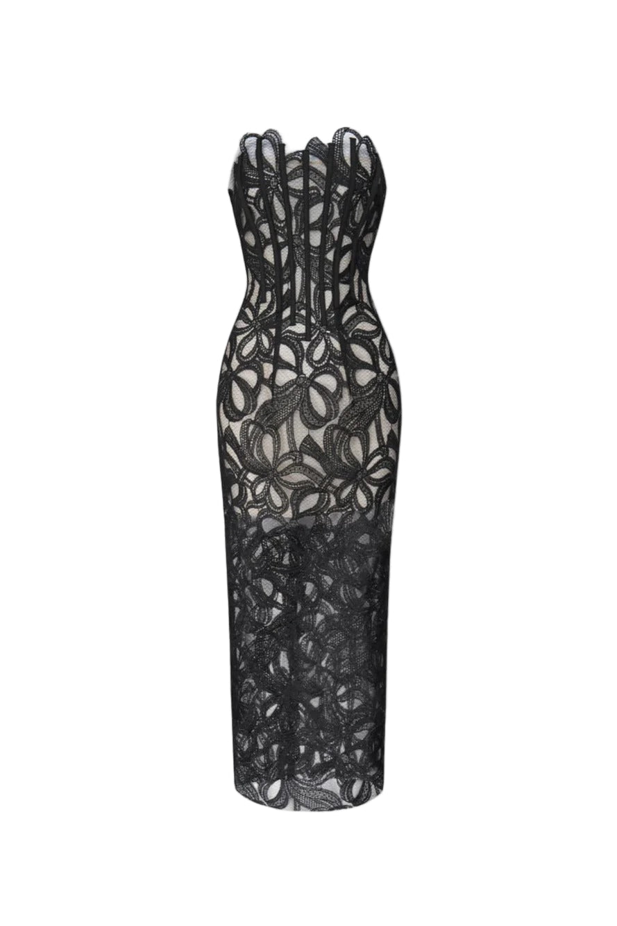 letitia Strapless Flower Embroidered Midi Dress