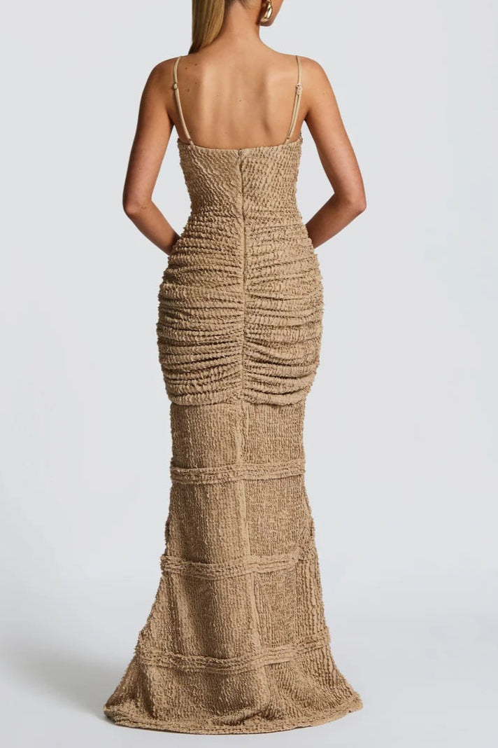 slit pleated bodycon maxi dress in ivory