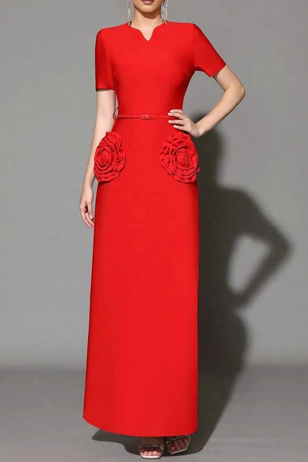 3d flower embellished slim maxi dress in red