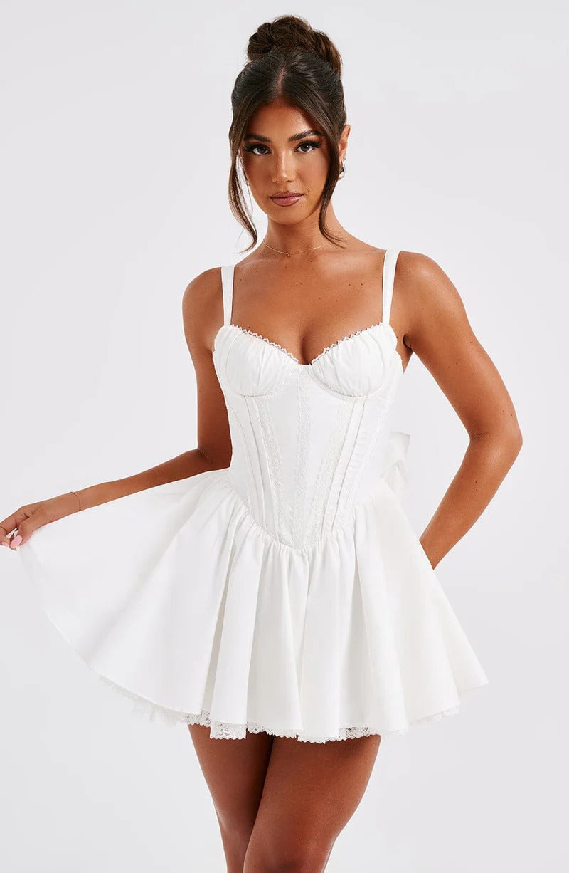 lace ruffle trim corset mini dress in white
