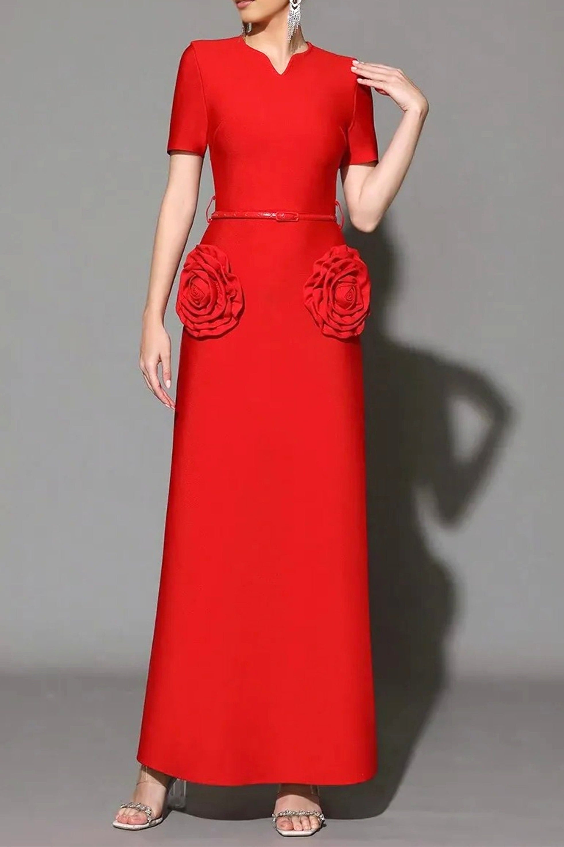 3d flower embellished slim maxi dress in red