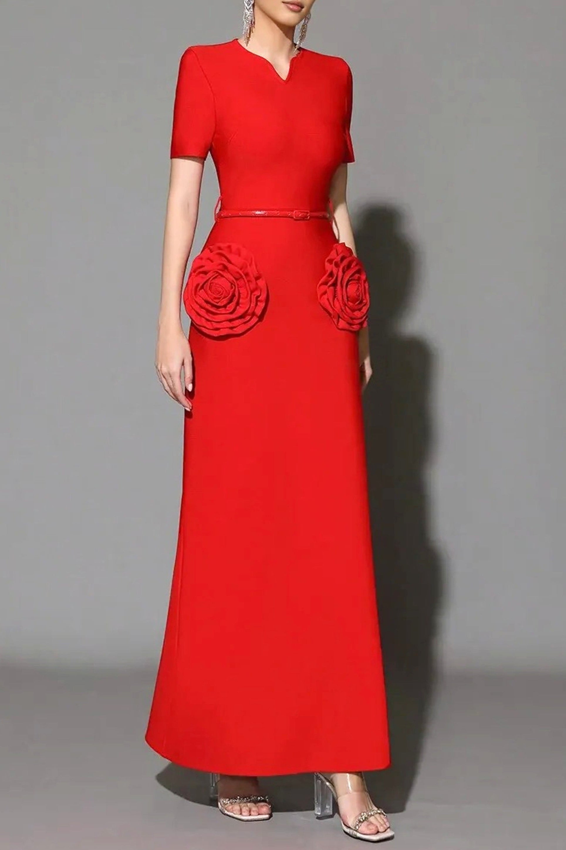 3d flower embellished slim maxi dress in red