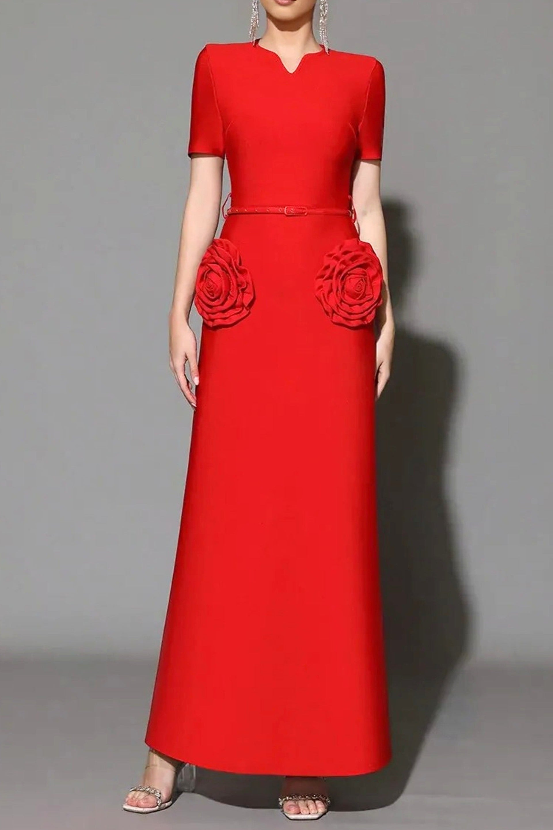 3d flower embellished slim maxi dress in red