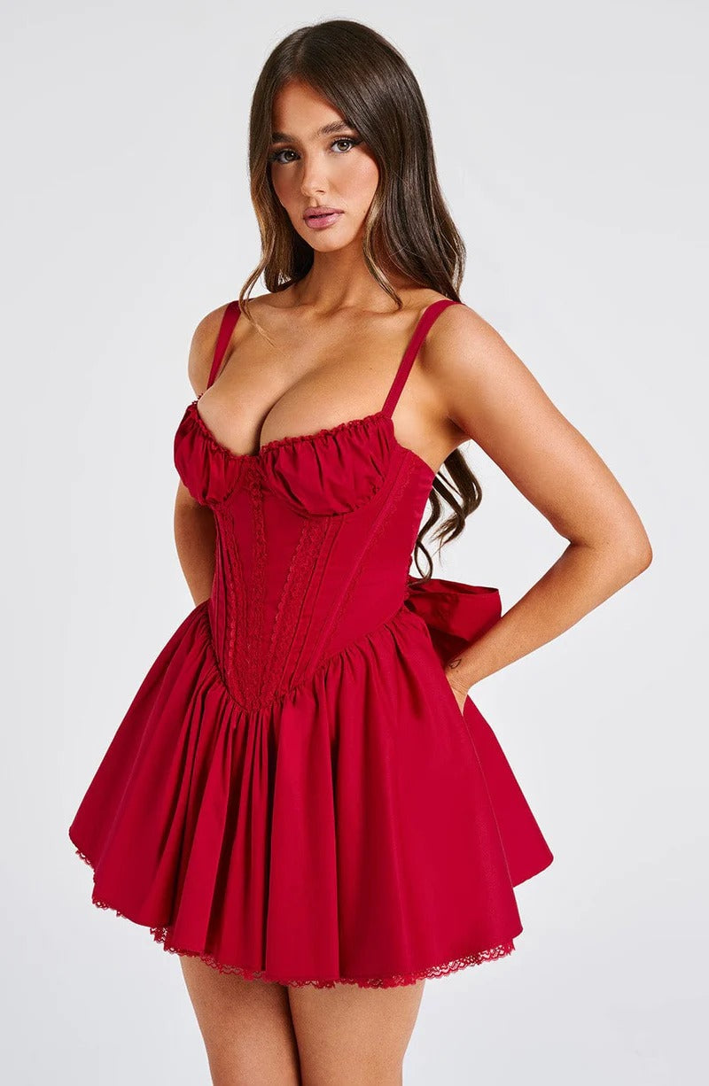 lace ruffle trim corset mini dress in red