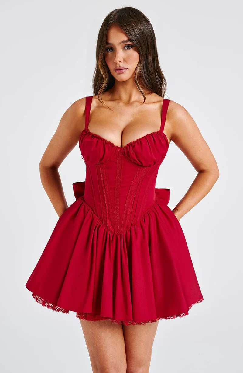 lace ruffle trim corset mini dress in red
