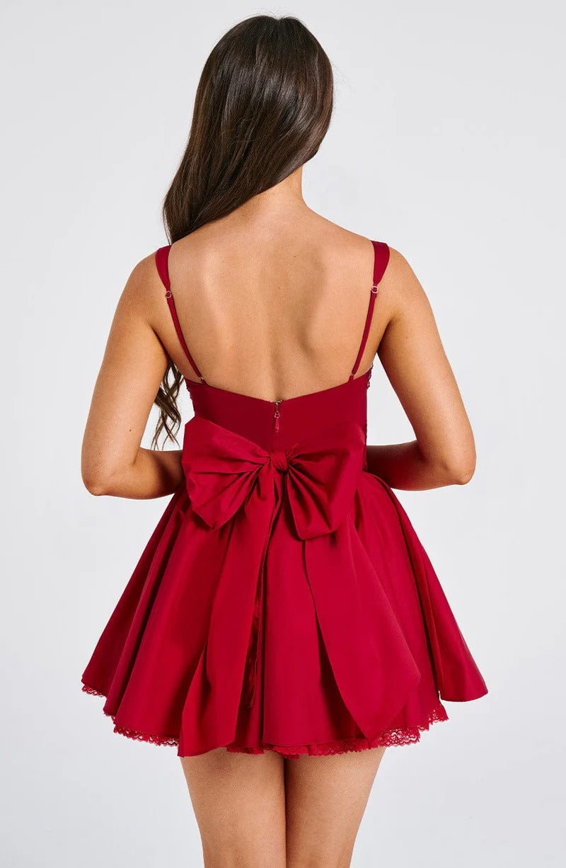 lace ruffle trim corset mini dress in red