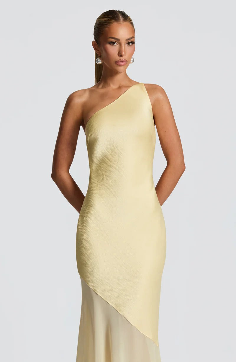 Lace-up beveled back satin maxi dress in lemon yellow