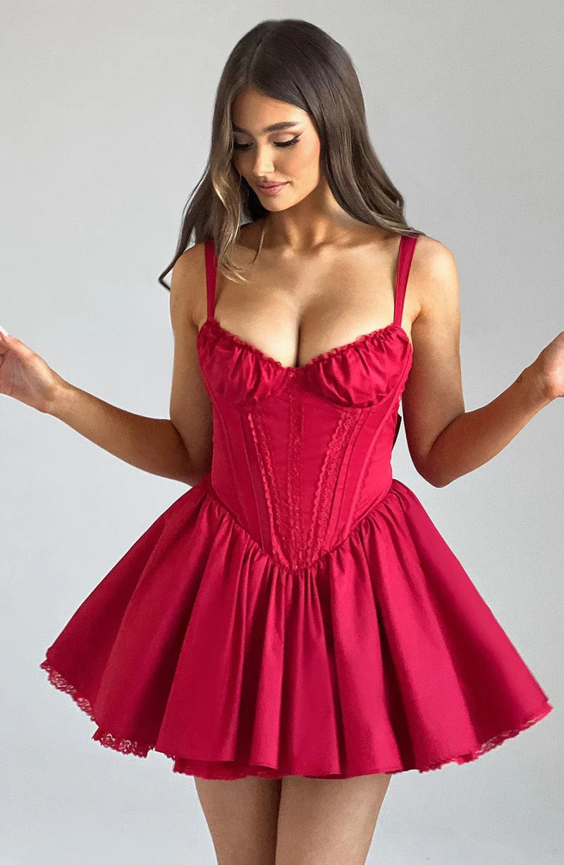lace ruffle trim corset mini dress in red