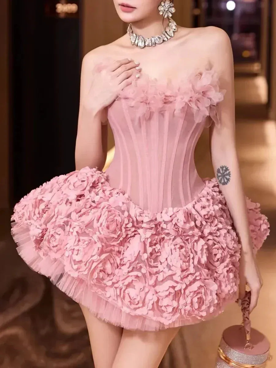 Strapless Petal Floral Corset A Line Dress