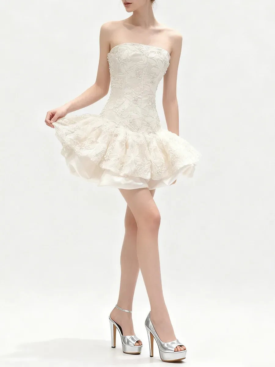 katherine Embroidered Lace Ruffle Mini Dress in pink