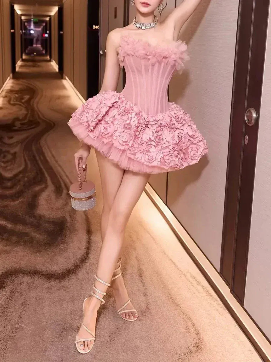 Strapless Petal Floral Corset A Line Dress