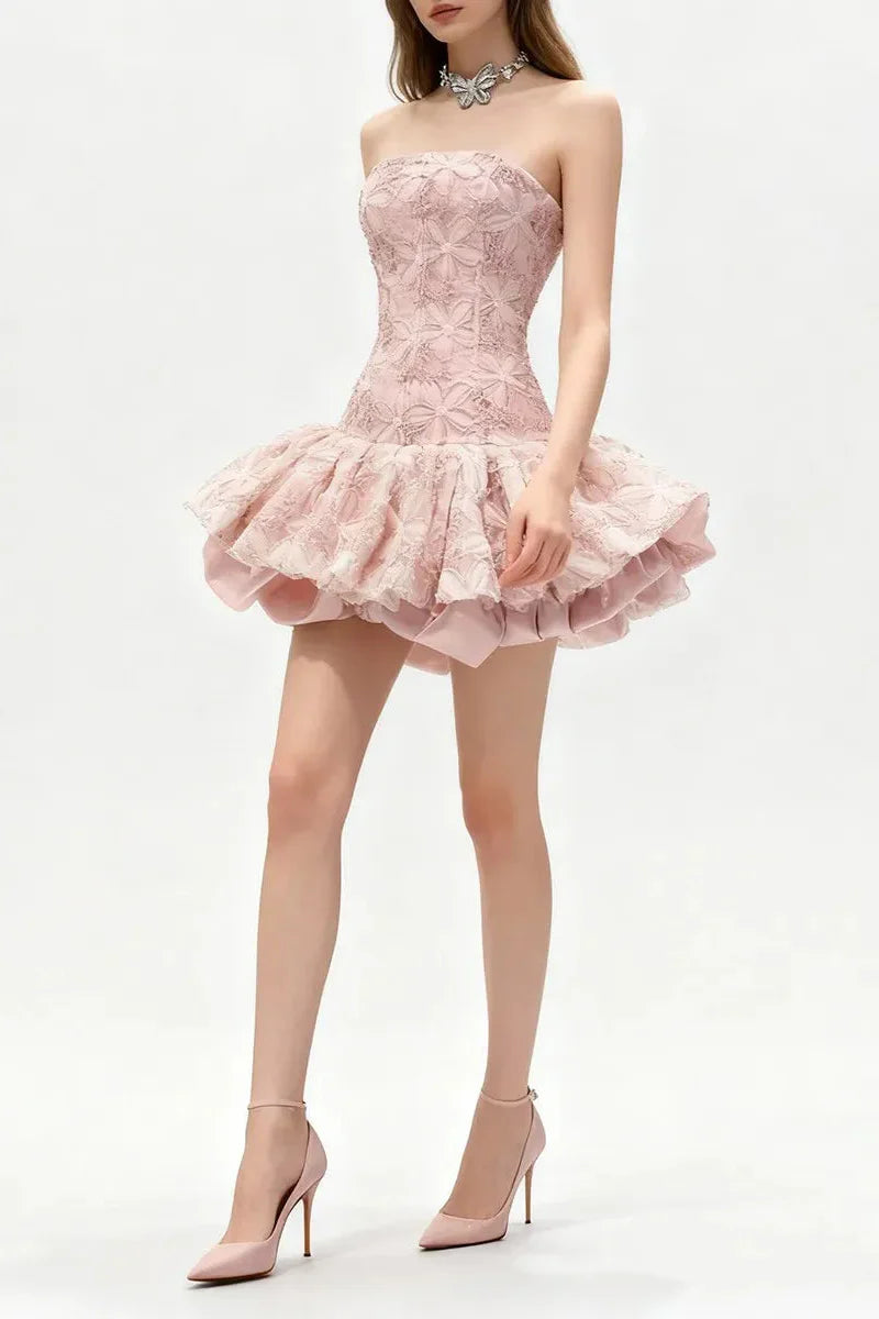 katherine Embroidered Lace Ruffle Mini Dress in pink