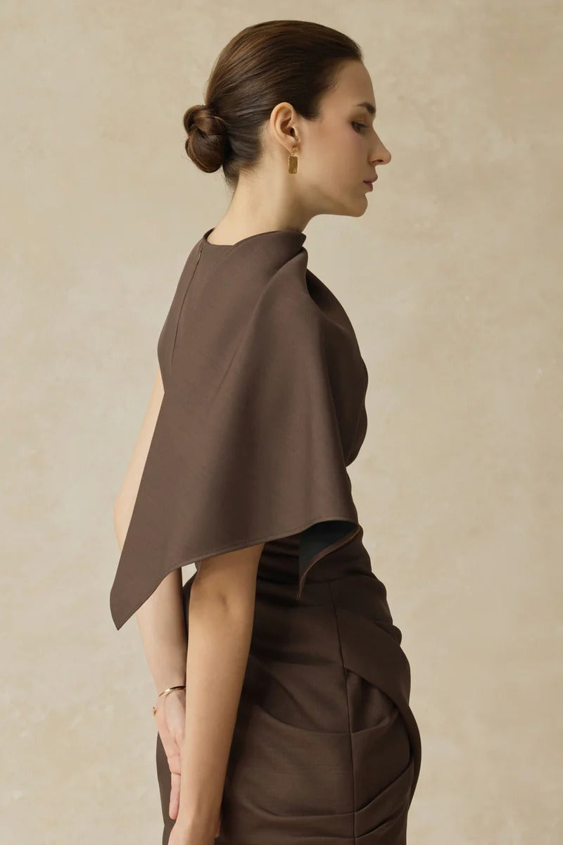 agatha Asymmetric Sleeve Draped Mini Dress in brown