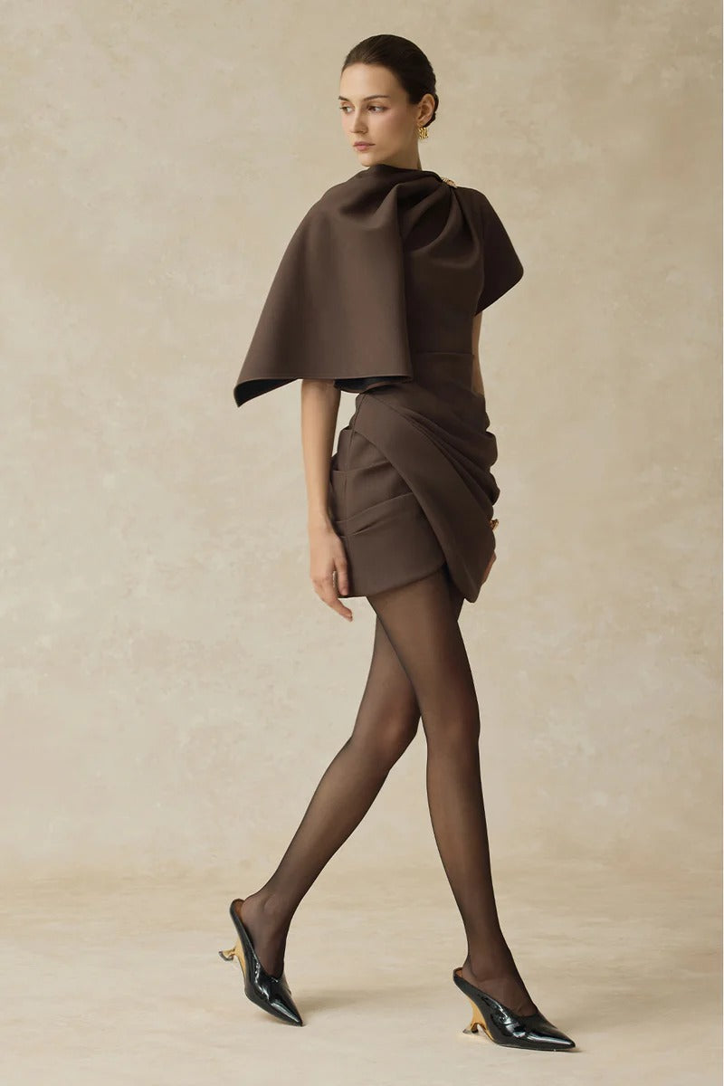 agatha Asymmetric Sleeve Draped Mini Dress in brown