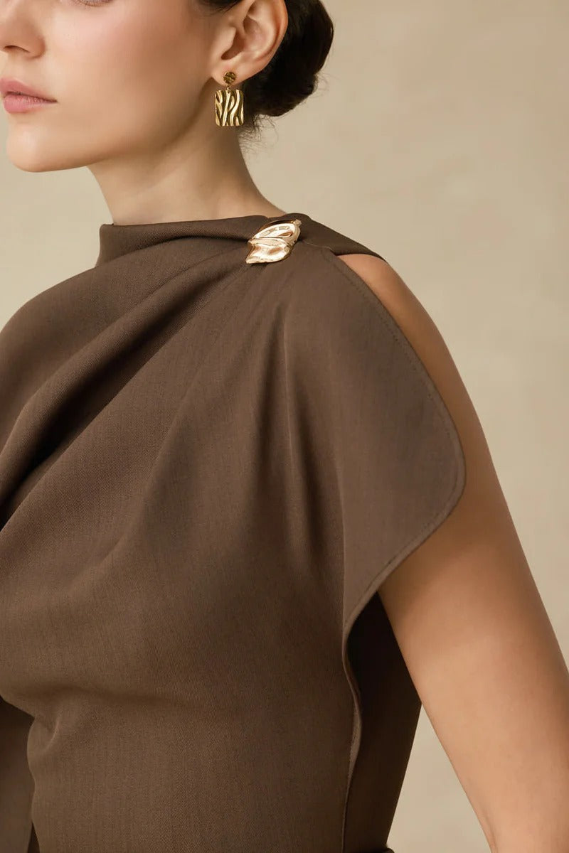 agatha Asymmetric Sleeve Draped Mini Dress in brown