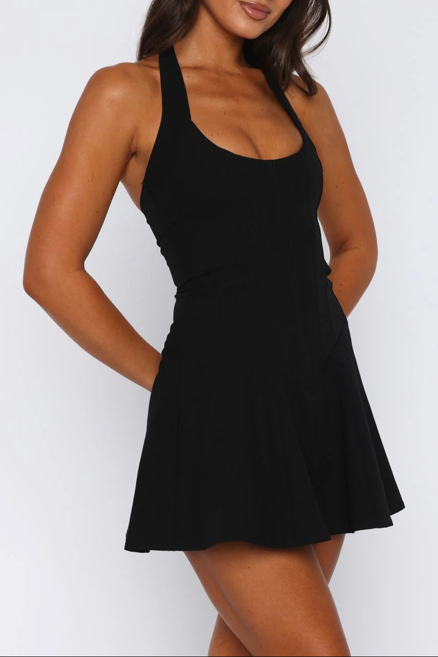 roxanne backless Halter Mini Dress in black