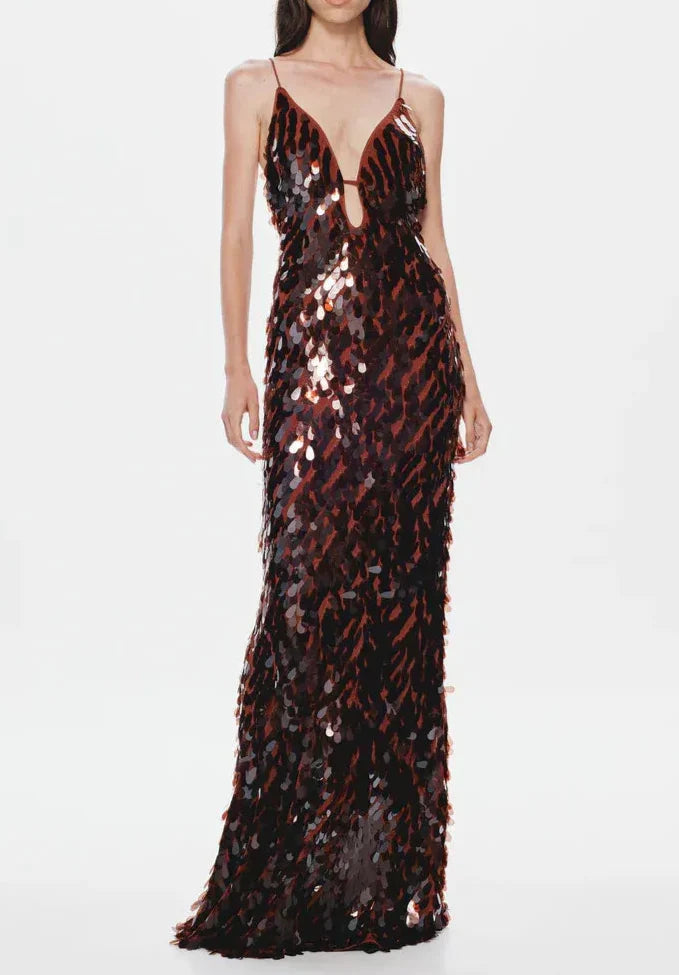 The Sequin Maxi Dress in Brown