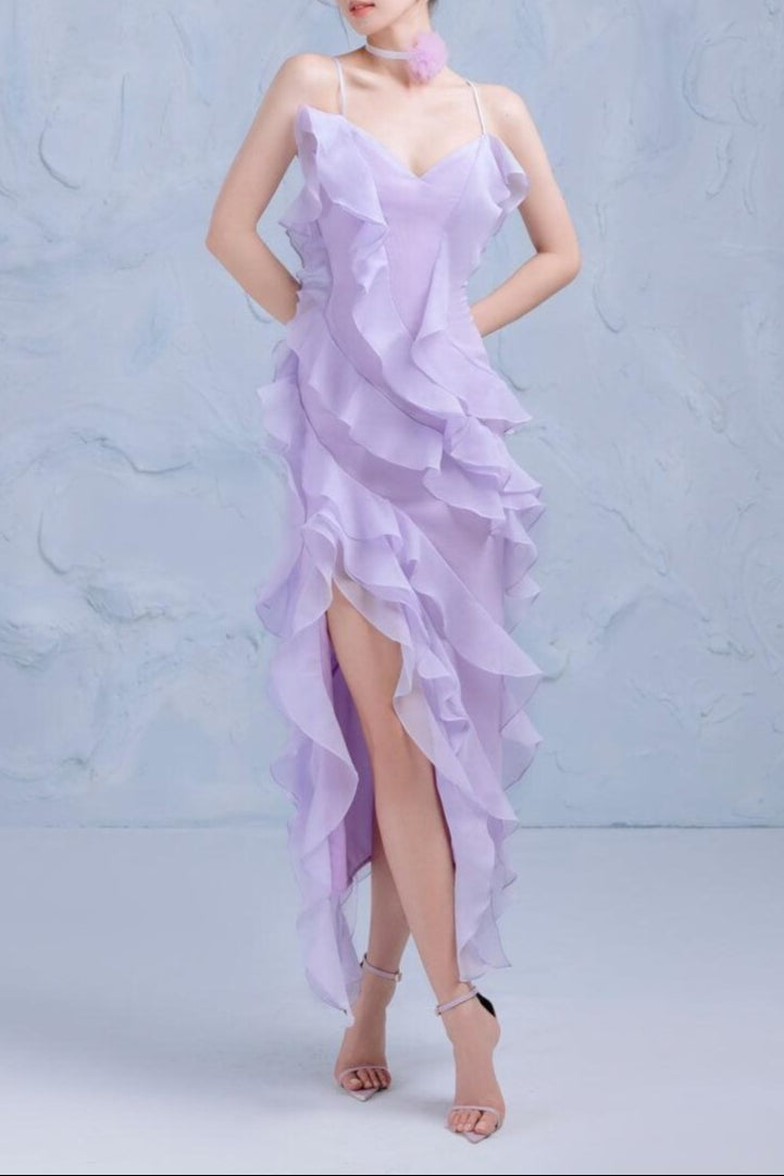 Lavender Asymmetric Ruffle Layer Organza Midi Dress