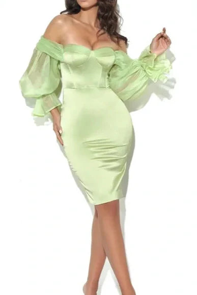 Satin strapless Puff Sleeve mini Dress in mint