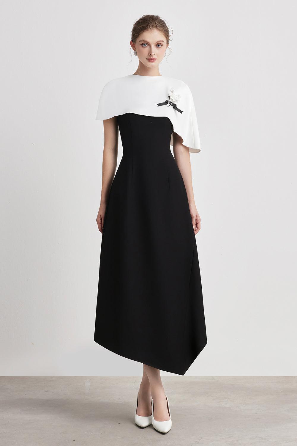ASYMMETRIC CAPE SHOULDER KATE MIDI DRESS