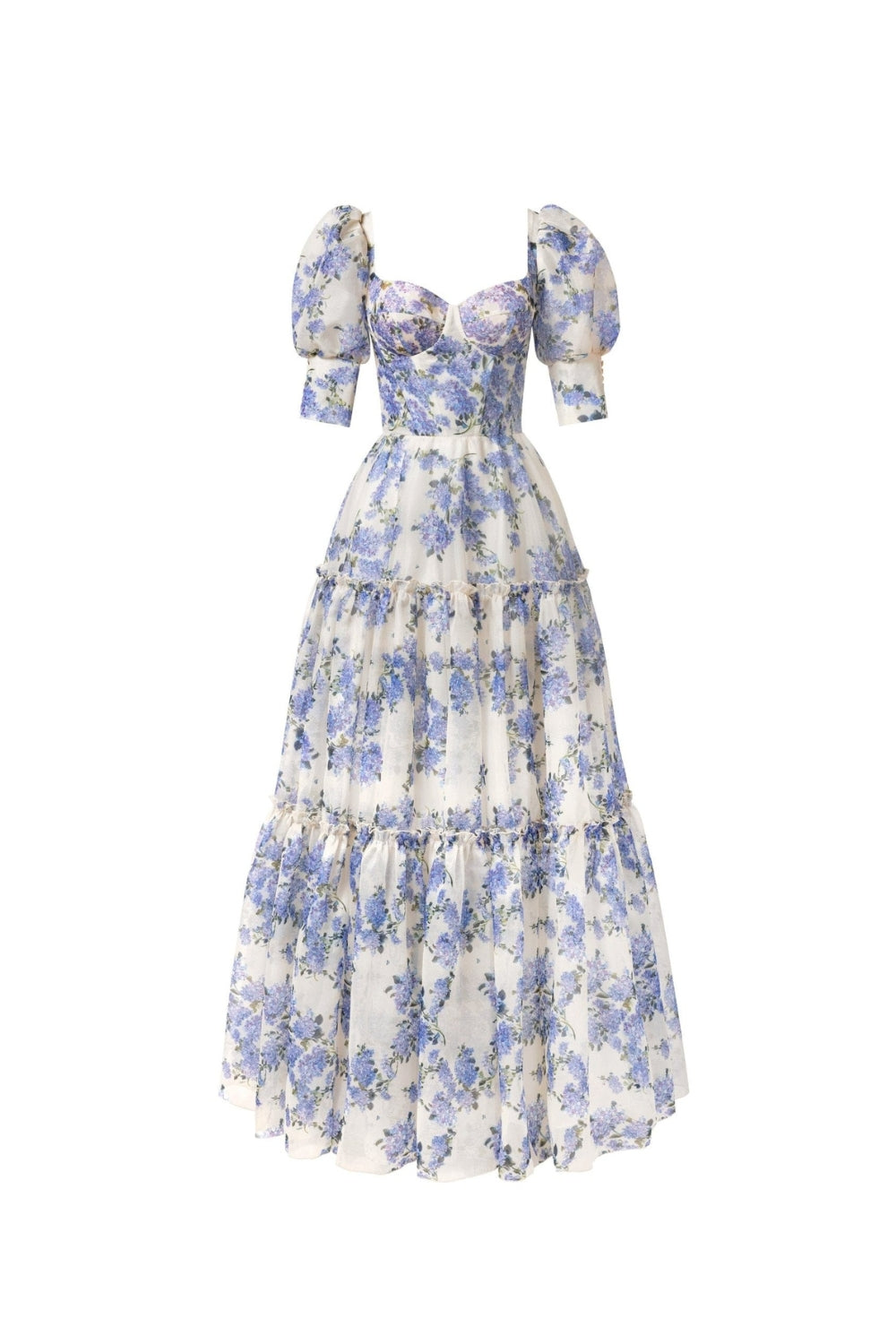 Hydrangea print Voluminous Sleeves maxi Dress in blue