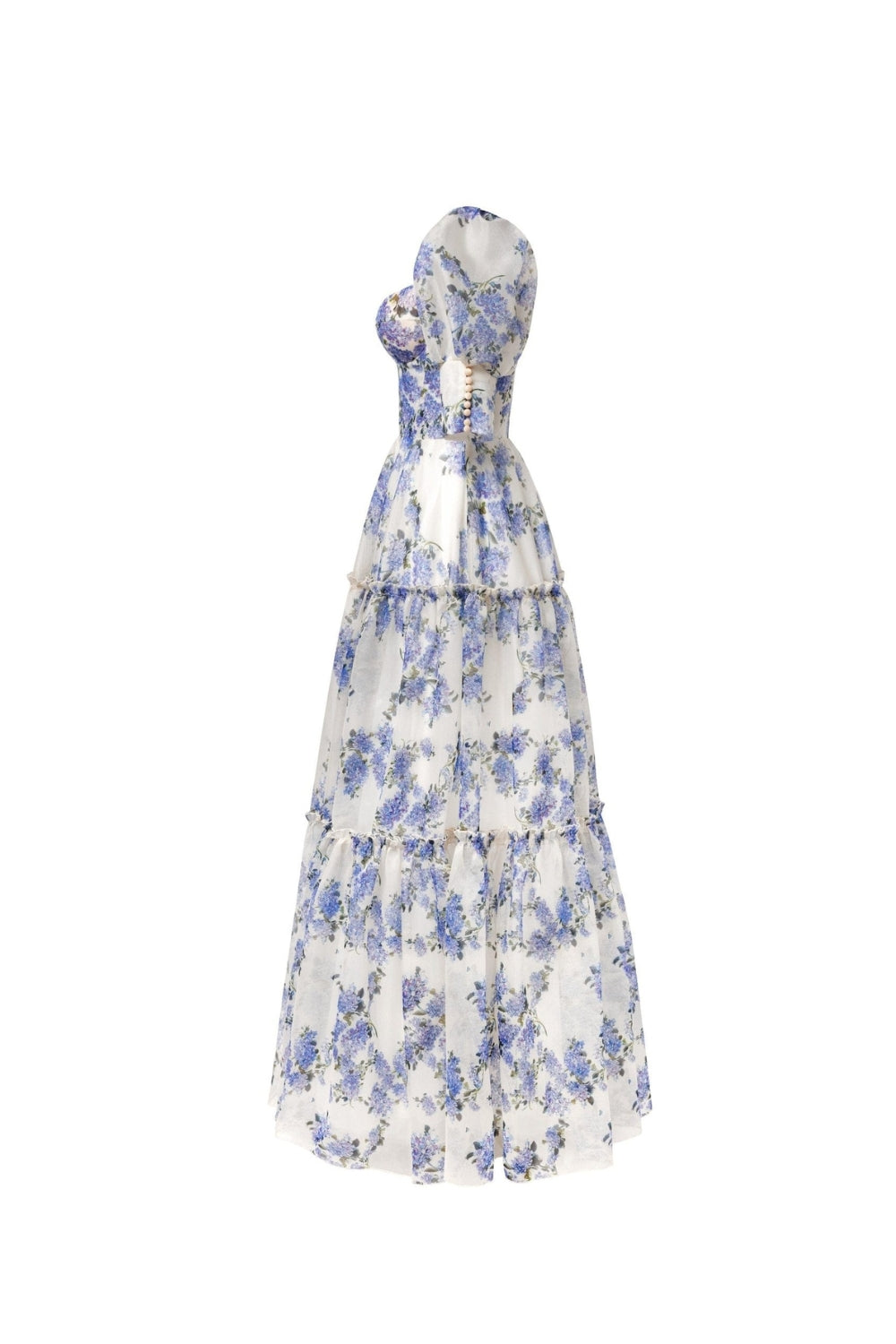 Hydrangea print Voluminous Sleeves maxi Dress in blue