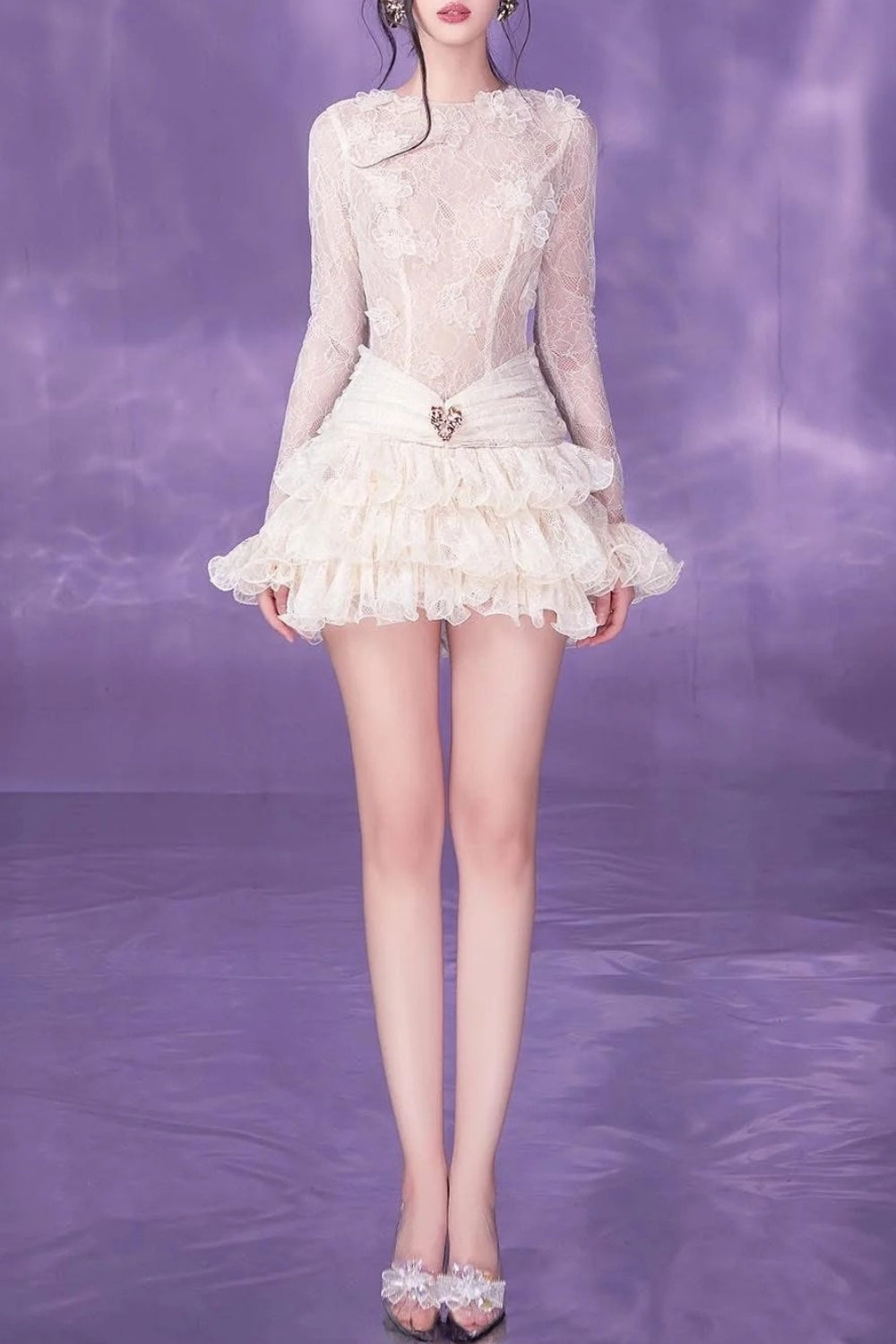 OH CICI - lace embroidery ruched trim mini dress in white - Front view of the model