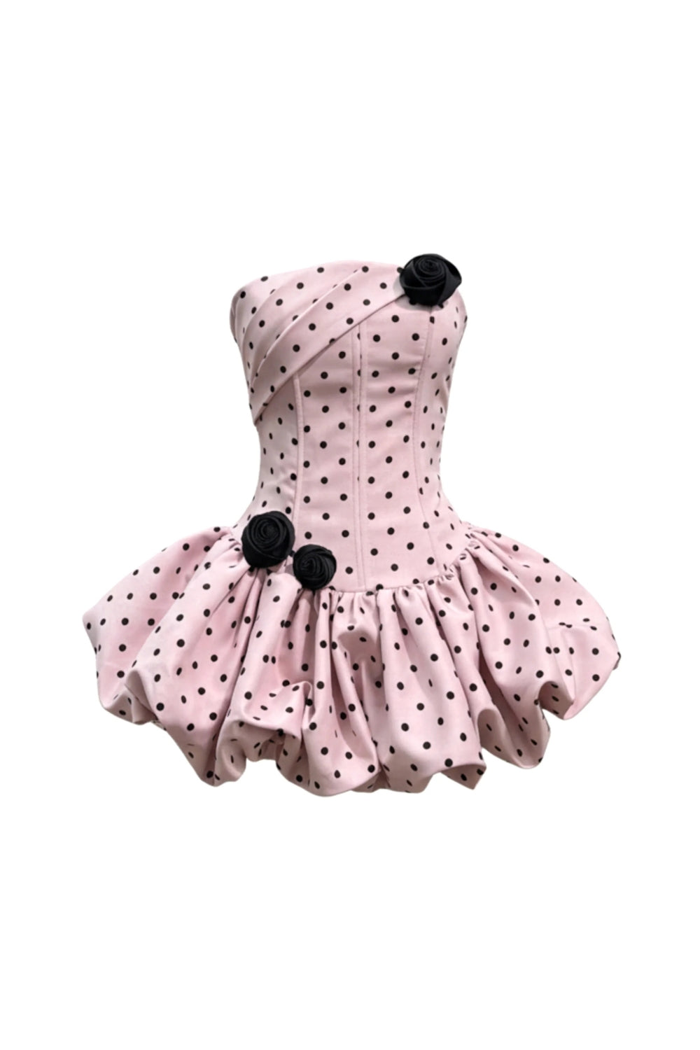 Polka Dot Strapless flower Corset Puff Mini Dress In Pink