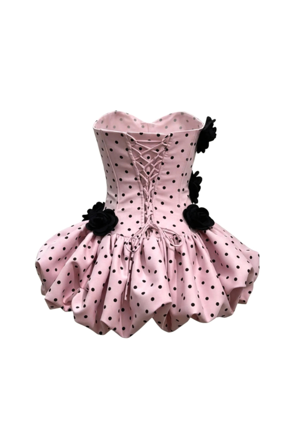 Polka Dot Strapless flower Corset Puff Mini Dress In Pink