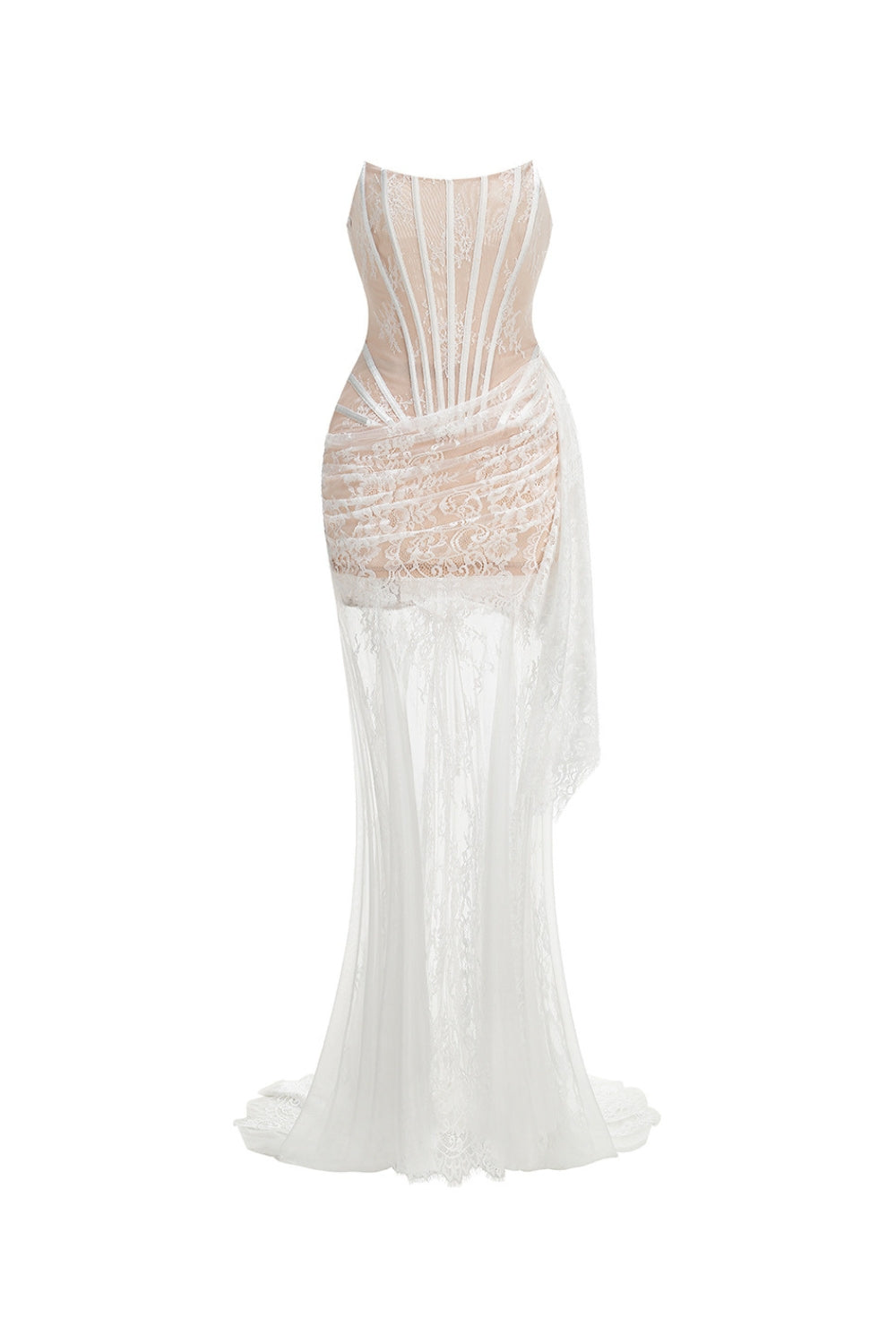 rita ivory sheer lace corset maxi dress with draped neckline