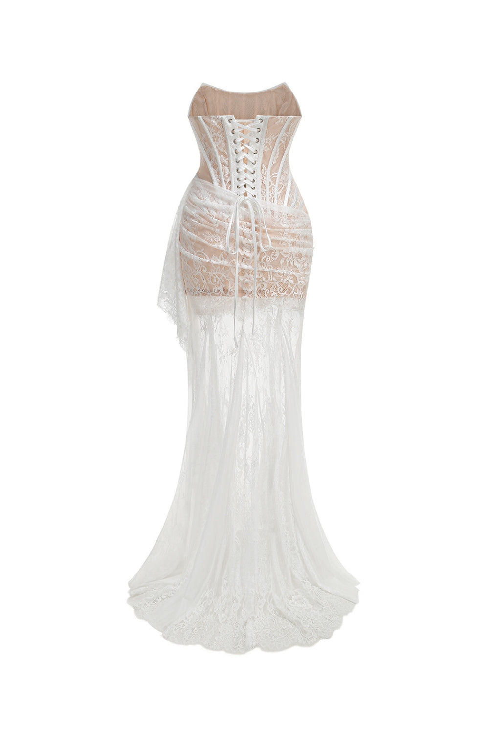 rita ivory sheer lace corset maxi dress with draped neckline