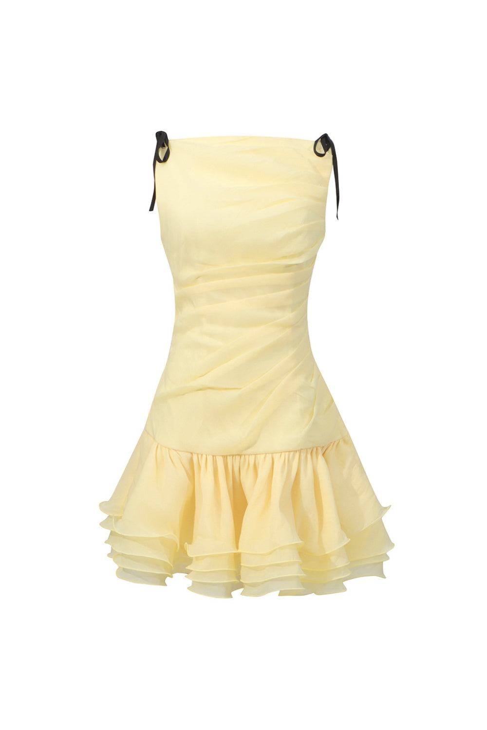 ruched ruffle hem sleeveless mini dress in yellow