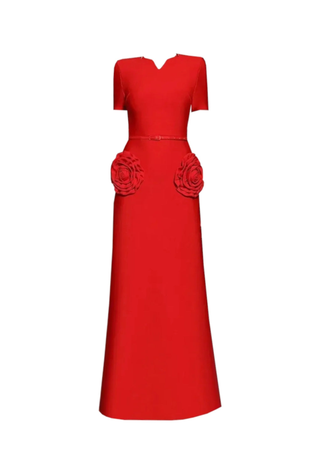 3d flower embellished slim maxi dress in red