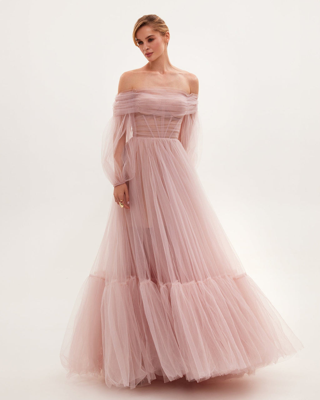 Misty Rose Sheer Sleeves Maxi Tulle Dress