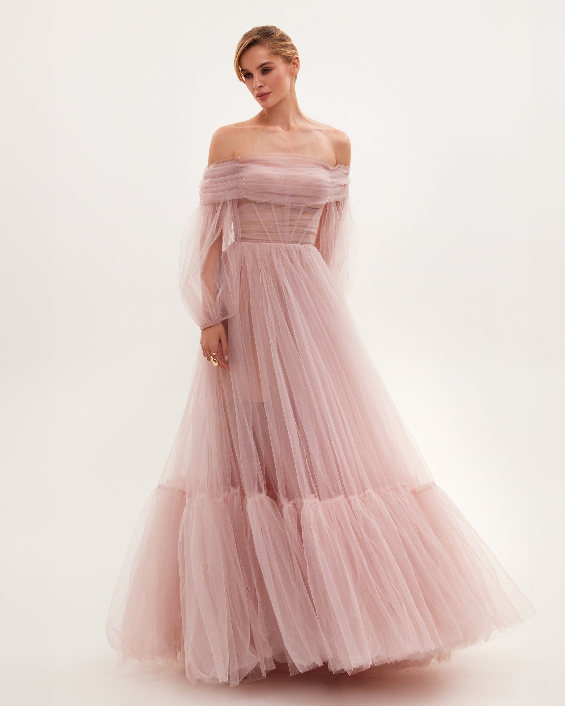 Misty Rose Sheer Sleeves Maxi Tulle Dress