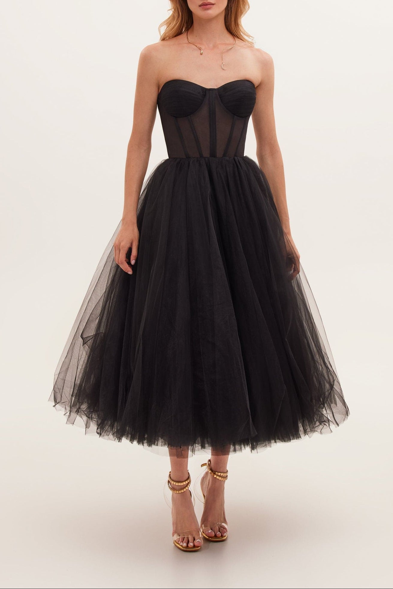 Black Strapless Puffy Midi Tulle Dress