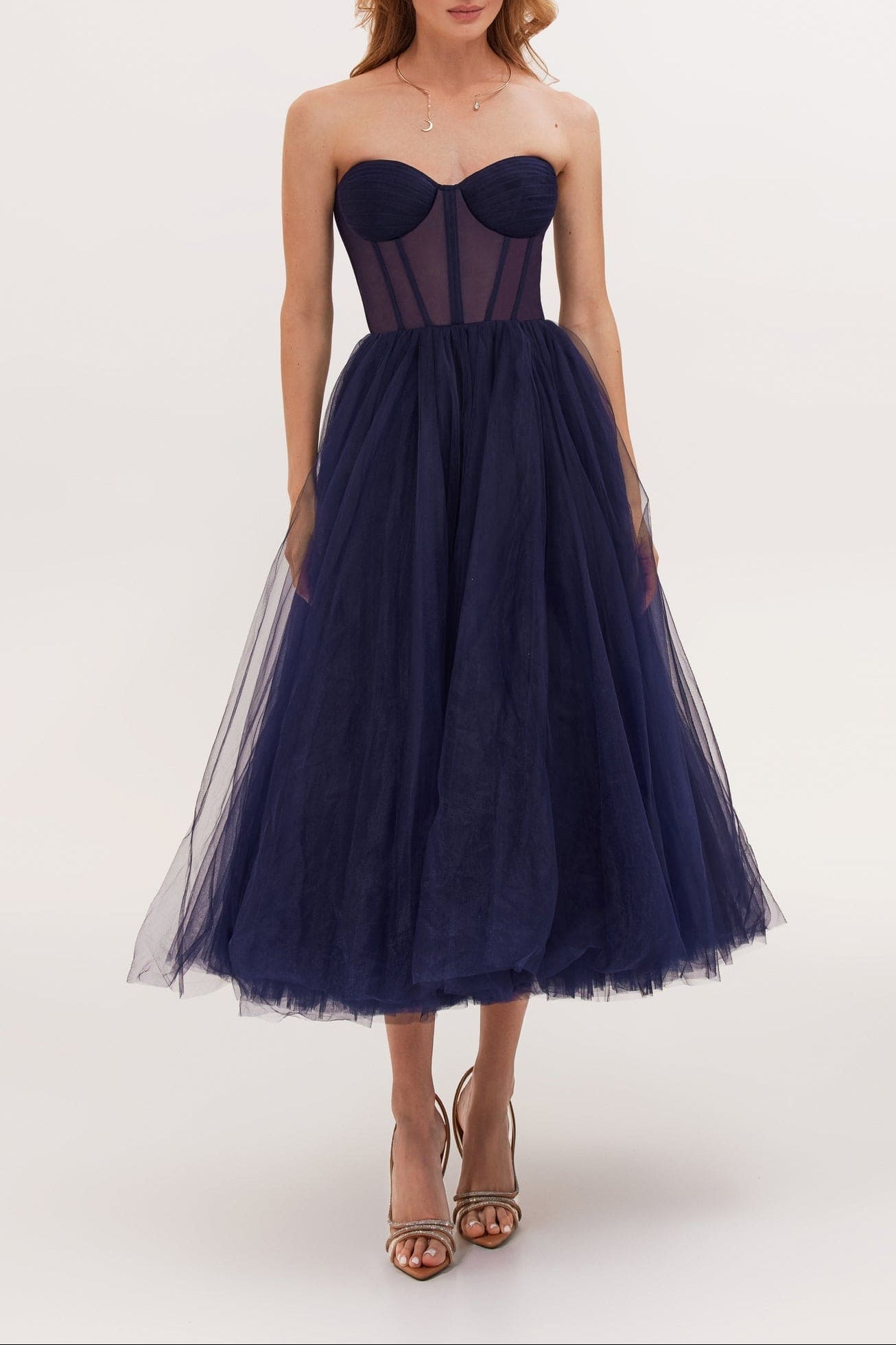 Navy Strapless Puffy Midi Tulle Dress