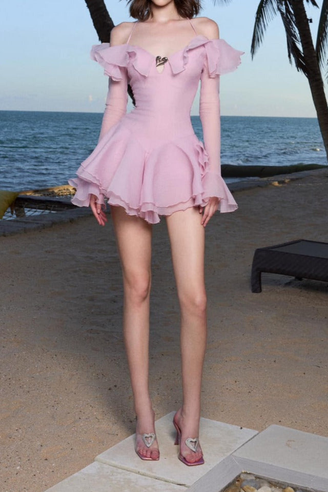 RUFFLED HALTER MINI DRESS IN PINK