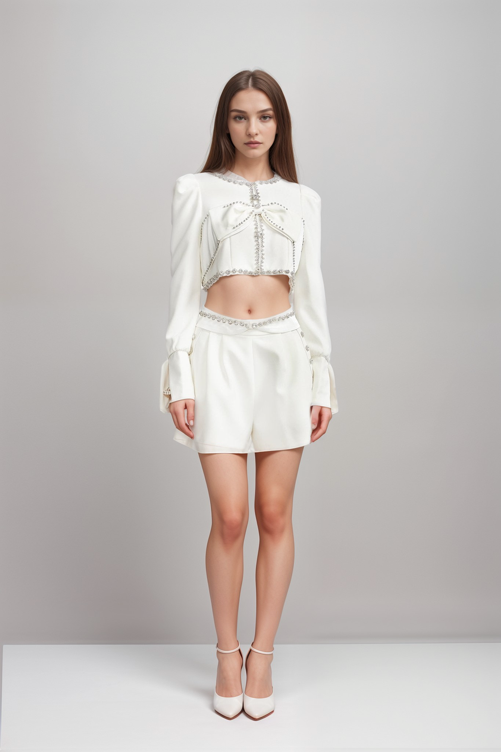 Quilleva embellished cropped jacket & shorts matching set