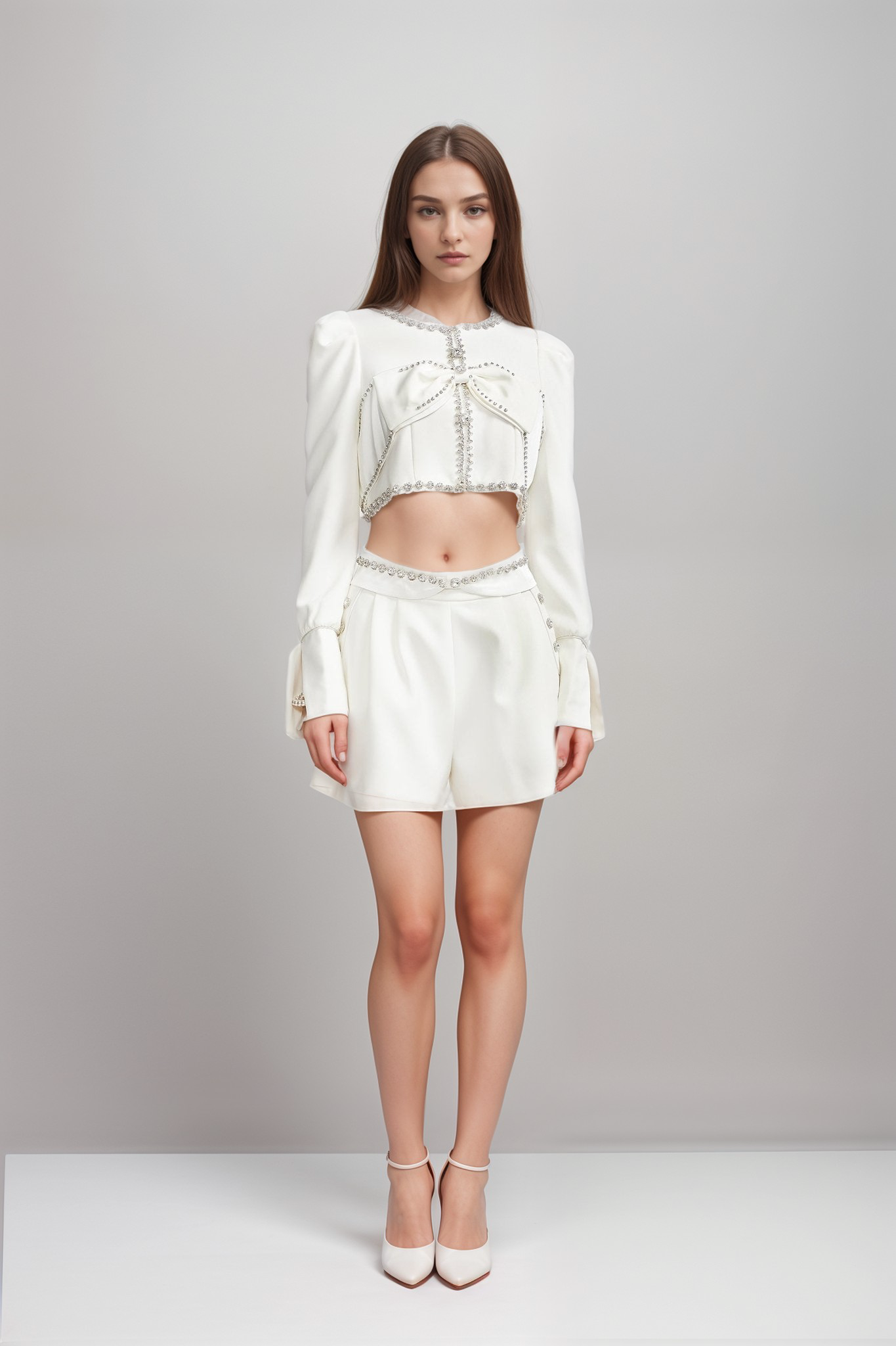 Quilleva embellished cropped jacket & shorts matching set