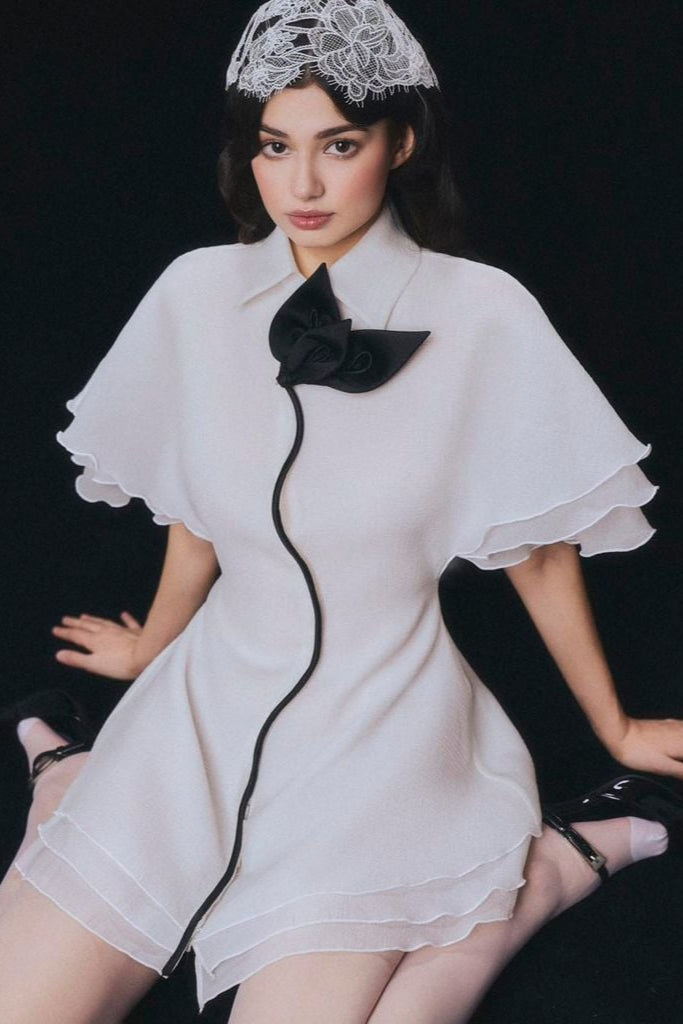 layer trim chiffon shirt mini dress in white